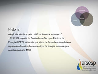A Agência foi criada pela Lei Complementar estadual nº
1.025/2007, a partir da Comissão de Serviços Públicos de
Energia (CSPE), autarquia que atuou de forma bem sucedida na
regulação e fiscalização dos serviços de energia elétrica e gás
canalizado desde 1998
História:
 