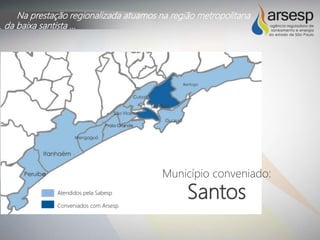 Na prestação regionalizada atuamos na região metropolitana
da baixa santista ...
Município conveniado:
SantosAtendidos pela Sabesp
Conveniados com Arsesp
 