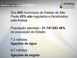 Dos 645 municípios do Estado de São
Paulo 43% são regulados e fiscalizados
pela Arsesp
População atendida - 21.747.653 48%
da população do Estado
7,3 milhões
ligações de água
5,7 milhões
ligações de esgoto
Universo regulado pela ARSESP...
 