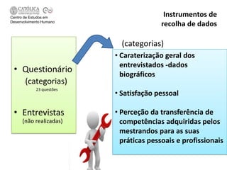 Centro de Estudos em
                                         Instrumentos de
Desenvolvimento Humano
                                        recolha de dados

                            (categorias)
                          • Caraterização geral dos
                            entrevistados -dados
 • Questionário             biográficos
       (categorias)
            23 questões
                          • Satisfação pessoal

 • Entrevistas            • Perceção da transferência de
      (não realizadas)      competências adquiridas pelos
                            mestrandos para as suas
                            práticas pessoais e profissionais
 