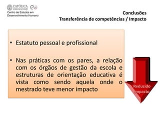 Centro de Estudos em
Desenvolvimento Humano
                                                     Conclusões
                         Transferência de competências / Impacto



 • Estatuto pessoal e profissional

 • Nas práticas com os pares, a relação
   com os órgãos de gestão da escola e
   estruturas de orientação educativa é
   vista como sendo aquela onde o
   mestrado teve menor impacto
 
