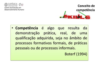 Centro de Estudos em
                                             Conceito de
Desenvolvimento Humano                      competência




       • Competência é algo que resulta da
         demonstração prática, real, de uma
         qualificação adquirida, seja no âmbito de
         processos formativos formais, de práticas
         pessoais ou de processos informais.
                                      Boterf (1994)
 