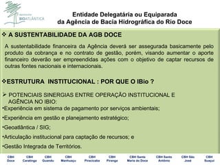 A SUSTENTABILIDADE DA AGB DOCE A sustentabilidade financeira da Agência deverá ser assegurada basicamente pelo produto da cobrança e no contrato de gestão, porém, visando aumentar o aporte financeiro deverão ser empreendidas ações com o objetivo de captar recursos de outras fontes nacionais e internacionais. ESTRUTURA  INSTITUCIONAL : POR QUE O IBio ? POTENCIAIS SINERGIAS ENTRE OPERAÇÃO INSTITUCIONAL E  AGÊNCIA NO IBIO: Experiência em sistema de pagamento por serviços ambientais; Experiência em gestão e planejamento estratégico; Geoatlântica / SIG; Articulação institucional para captação de recursos; e Gestão Integrada de Territórios. 