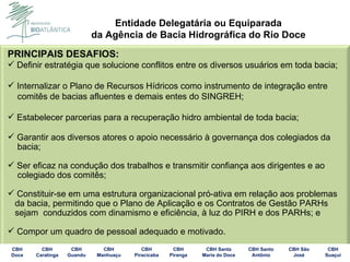 PRINCIPAIS DESAFIOS: Definir estratégia que solucione conflitos entre os diversos usuários em toda bacia; Internalizar o Plano de Recursos Hídricos como instrumento de integração entre comitês de bacias afluentes e demais entes do SINGREH; Estabelecer parcerias para a recuperação hidro ambiental de toda bacia; Garantir aos diversos atores o apoio necessário à governança dos colegiados da bacia; Ser eficaz na condução dos trabalhos e transmitir confiança aos dirigentes e ao colegiado dos comitês; Constituir-se em uma estrutura organizacional pró-ativa em relação aos problemas da bacia, permitindo que o Plano de Aplicação e os Contratos de Gestão PARHs sejam  conduzidos com dinamismo e eficiência, à luz do PIRH e dos PARHs; e Compor um quadro de pessoal adequado e motivado. 