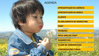 APRESENTAÇÃO DA AGÊNCIA
APRESENTAÇÃO DA MARCA
CLIENTE
PLANEJAMENTO DE MARKETING
SWOT
PESQUISA
AGENDA
NOVA ANÁLISE SWOT
DIAGNÓSTICO
PLANO DE COMUNICAÇÃO
CONSIDERAÇÕES FINAIS
 
