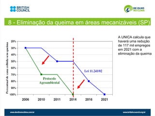 8 - Eliminação da queima em áreas mecanizáveis (SP)

                                       A UNICA calcula que
                                       haverá uma redução
                                       de 117 mil empregos
                                       em 2021 com a
                                       eliminação da queima
 