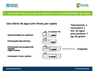 5 – Impactos da produção de alimentos na Disponibilidade de Água


  Uso diário de água (em litros) per capita
                                                 Tipicamente, é
                                                 necessário 1
                                                 ton. de água
                                                 para produzir 1
                                                 kg. de grãos!




                                                      Irrigação
 