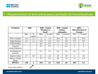 7 - Requerimentos de terra arável para a produção de biocombustíveis
 