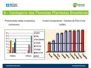 8 - Vantagens das Florestas Plantadas Brasileiras
Produtividade média comparativa   Custos Comparativos - Celulose de Fibra Curta
   (m3/ha/ano)                                     (US$/t)
 