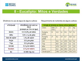 8 - Eucalipto: Mitos e Verdades

Eficiência no uso de água de alguns cultivos   Requerimento de nutrientes de alguns cultivos
 