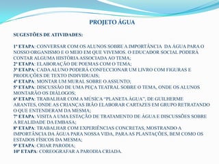 PROJETO ÁGUA
SUGESTÕES DE ATIVIDADES:

1ª ETAPA: CONVERSAR COM OS ALUNOS SOBRE A IMPORTÂNCIA DA ÁGUA PARA O
NOSSO ORGANISMO E O MEIO EM QUE VIVEMOS. O EDUCADOR SOCIAL PODERÁ
CONTAR ALGUMA HISTÓRIA ASSOCIADA AO TEMA;
2ª ETAPA: ELABORAÇÃO DE POEMAS COM O TEMA;
3ª ETAPA: CADA ALUNO PODERÁ CONFECCIONAR UM LIVRO COM FIGURAS E
PRODUÇÕES DE TEXTO INDIVIDUAIS;
4ª ETAPA: MONTAR UM MURAL SOBRE O ASSUNTO;
5ª ETAPA: DISCUSSÃO DE UMA PEÇA TEATRAL SOBRE O TEMA, ONDE OS ALUNOS
MONTARÃO OS DIÁLOGOS;
6ª ETAPA: TRABALHAR COM A MÚSICA “PLANETA ÁGUA”, DE GUILHERME
ARANTES, ONDE AS CRIANÇAS IRÃO ELABORAR CARTAZES EM GRUPO RETRATANDO
O QUE ENTENDERAM DA MESMA;
7ª ETAPA: VISITA A UMA ESTAÇÃO DE TRATAMENTO DE ÁGUA E DISCUSSÕES SOBRE
A REALIDADE DA EMBASA;
8ª ETAPA: TRABALHAR COM EXPERIÊNCIAS CONCRETAS, MOSTRANDO A
IMPORTÂNCIA DA ÁGUA PARA NOSSA VIDA, PARA AS PLANTAÇÕES, BEM COMO OS
ESTADOS FÍSICOS DA MESMA;
9ª ETAPA: CRIAR PARODIA;
10ª ETAPA: COREOGRAFAR A PARODIA CRIADA.
 