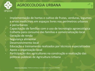 AGROECOLOGIA URBANA
PRINCIPAIS PARCEIROS: Prefeitura de Osasco, Sociedade Santos Mártires e FEHIDRO.
- Implementação de hortas e cultivo de frutas, verduras, legumes
e ervas medicinais em espaços livres nos perímetros urbanos
e periurbanos
- Capacitação de famílias com o uso de tecnologia agroecológica
- Colheita para consumo das famílias e comercialização local
- Geração de renda
- Segurança alimentar
- Desenvolvimento local
- Educação e treinamento realizados por técnicos especializados
- Apoio a organização local
- Participação dos agricultores na construção e realização das
políticas públicas de Agricultura Urbana
 