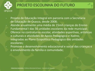 PROJETO ESCOLINHA DO FUTURO
PRINCIPAIS PARCEIROS: Prefeitura Municipal de Osasco – Secretaria de Educação
- Projeto de Educação Integral em parceria com a Secretaria
de Educação de Osasco, desde 2008;
- Atende anualmente uma média de 15mil crianças do Ensino
Fundamental I das 56 unidades escolares da rede municipal;
- Oferece no contraturno escolar, atividades esportivas, artísticas
e culturais e atividades de Apoio Pedagógico e Xadrez,
integradas ao Plano Ecopolítico Pedagógico das unidades
escolares;
- Promove o desenvolvimento educacional e social das crianças e
o envolvimento da família e comunidade;
 
