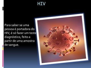 HIV
Para saber se uma
pessoa é portadora do
HIV, é só fazer um teste
diagnóstico, feito a
partir de uma amostra
de sangue.
 