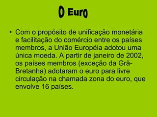 Com o propósito de unificação monetária e facilitação do comércio entre os países membros, a União Européia adotou uma única moeda. A partir de janeiro de 2002, os países membros (exceção da Grã-Bretanha) adotaram o euro para livre circulação na chamada zona do euro, que envolve 16 países.  O Euro 