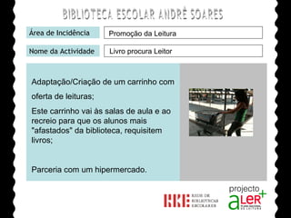BIBLIOTECA ESCOLAR ANDRÉ SOARES Área de Incidência Nome da Actividade Agrupamento de Escolas André Soares - BRAGA Ano Lectivo de 2008/2009 Livro procura Leitor Adaptação/Criação de um carrinho com oferta de leituras; Este carrinho vai às salas de aula e ao recreio para que os alunos mais "afastados" da biblioteca, requisitem livros; Parceria com um hipermercado. Promoção da Leitura 