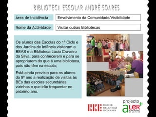 BIBLIOTECA ESCOLAR ANDRÉ SOARES Área de Incidência Nome da Actividade Agrupamento de Escolas André Soares - BRAGA Ano Lectivo de 2008/2009 Visitar outras Bibliotecas Envolvimento da Comunidade/Visibilidade Os alunos das Escolas do 1º Ciclo e dos Jardins de Infância visitaram a BEAS e a Biblioteca Lúcio Craveiro da Silva, para conhecerem e para se apropriarem do que é uma biblioteca, pois não têm na escola; Está ainda previsto para os alunos do 9º ano a realização de visitas às BEs das escolas secundárias vizinhas e que irão frequentar no próximo ano. 