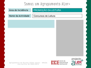 BIBLIOTECA ESCOLAR ANDRÉ SOARESÁrea de IncidênciaPROMOÇÃO DA LEITURA/ENVOLVIMENTO DA COMUNIDADENome da ActividadeDa fonte correm as histórias     No espaço “Fonte do Ídolo escutámos uma história, pela voz do contador de histórias António Castanheira, articulando o conto com a música.      A arte de contarhistórias transmite experiência, conceitos e valores que se devem perpetuar.      Nesta actividade estiveram envolvidos os JIs do Agrupamento Agrupamento de Escolas André Soares - BRAGAAno Lectivo de 2009/2010