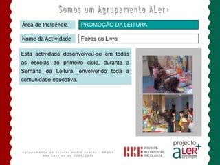 BIBLIOTECA ESCOLAR ANDRÉ SOARESÁrea de IncidênciaCOMUNICAÇÃO E DIVULGAÇÃO Nome da ActividadePartilha      A promoção da leitura tem sido uma fonte inesgotável de actividades articuladas entre salas de jardim de infância e com o 1º CEB, nomeadamente dramatizações de histórias: “Médico do Mar” pelo do Jardim-de-infância, para o 1º Ciclo e “Os Meninos de todas as Cores” pelo 1º Ciclo, para o Jardim-de-infância e também apresentação de lengalengas, adivinhas, trava-línguas e fábulas.     Esta actividade faz parte do projecto  Estamos a Ler+ de todos os J. InfânciaAgrupamento de Escolas André Soares - BRAGAAno Lectivo de 2009/2010