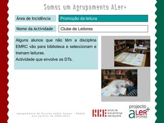 BIBLIOTECA ESCOLAR ANDRÉ SOARESÁrea de IncidênciaENVOLVIMENTO DA COMUNIDADE Nome da ActividadeHistórias em Língua EstrangeiraAs mães Romenas também participam na promoção da leitura, nomeadamente com a história:”Scuficha Rochie- Capuchinho Vermelho”. Nesta actividade fez-se a aplicação da tradução em simultâneo com a colaboração da filha (Paula) que durante este ano lectivo tem tido o apoio do Projecto de Português Língua Não Materna.Act. no Jardim de Infância do FujacalAgrupamento de Escolas André Soares - BRAGAAno Lectivo de 2009/2010