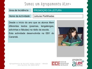 BIBLIOTECA ESCOLAR ANDRÉ SOARESÁrea de IncidênciaEnvolvimento da Comunidade Nome da ActividadeColaboradoresOs alunos inscrevem-se no Programa Colaboradores da Biblioteca;Participam com tarefas de arrumação, organização, colaboração e dinamização;A renovação faz-se em cada período devido à elevada procura por parte dos alunos, sobretudo do 5º ano.Agrupamento de Escolas André Soares - BRAGAAno Lectivo de 2009/2010