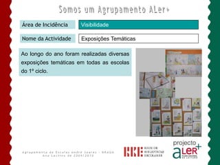 Somos um Agrupamento ALer+Área de IncidênciaPROMOÇÃO DA LEITURAEncontro com EscritoresNome da Actividade       Actividade a realizar no dia 4 de Maio, em articulação com a Biblioteca Lúcia Craveiro da Silva, na qual participarão três turmas do 3º Ciclo e umas das turmas de CEF.       Os alunos terão a oportunidade de contactar directamente com a autora ANA SALDANHA, que partilhará a sua experiência de escritora para o público juvenil.Agrupamento de Escolas André Soares - BRAGAAno Lectivo de 2009/2010