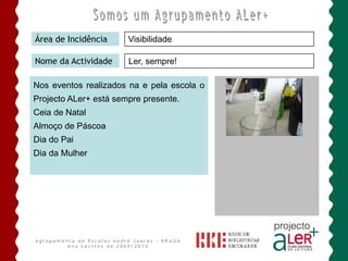 Somos um Agrupamento ALer+Área de IncidênciaPROMOÇÃO DA LEITURAEncontro com EscritoresNome da ActividadeEncontro com o jovem escritor Pedro Seromenho (antigo aluno da André Soares) para apresentação do romance juvenil “900 - História de um Rei”.     Actividade realizada em parceria com a BLCS, na qual participaram três turmas do 2ª ciclo.Actividade em articulação com a disciplina História e Geografia de Portugal.Agrupamento de Escolas André Soares - BRAGAAno Lectivo de 2009/2010
