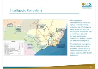 Interligação Ferroviária


                           • Memorando de
                             entendimentos celebrado
                             com a Ferrovia Centro-
                             Atlântica S.A. (“FCA”) para
                             desenvolverem estudos
                             técnicos de viabilidade para
                             a construção de uma
                             ferrovia que ligará o
                             Superporto do Açu à região
                             de Ambaí (Nova Iguaçu).

                           • Integração do Superporto
                             com a malha ferroviária
                             nacional, beneficiando as
                             empresas localizadas na
                             região Sudeste (75% do PIB
                               g            (
                             brasileiro).




                                                      30
 