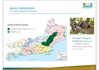 Ações Ambientais
Corredor Ecológico do Muriqui




                    (400 mil ha)




                                   • Corredor Ecológico
                                     do Muriqui (400 mil ha)
                                      - 9.000ha de Mata
                                      Atlântica recuperados
                                      em 10 anos.




                                                           51
 