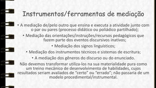Instrumentos/ferramentas de mediação
• A mediação de/pelo outro que ensina e executa a atividade junto com
o par ou pares (processo didático ou poliádico partilhado);
• Mediação das orientações/instruções/recursos pedagógicos que
fazem parte dos eventos discursivos inativos;
• Mediação dos signos linguísticos;
• Mediação dos instrumentos técnicos e sistemas de escritura;
• A mediação dos gêneros do discurso ou do enunciado.
Não devemos transformar utiliza-los na sua materialidade pura como
um treino mecânico de desenvolvimento de habilidades, cujos
resultados seriam avaliados de “certo” ou “errado”; não passaria de um
modelo procedimental/instrumental.

 