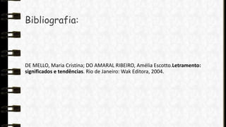 Bibliografia:

DE MELLO, Maria Cristina; DO AMARAL RIBEIRO, Amélia Escotto.Letramento:
significados e tendências. Rio de Janeiro: Wak Editora, 2004.

 