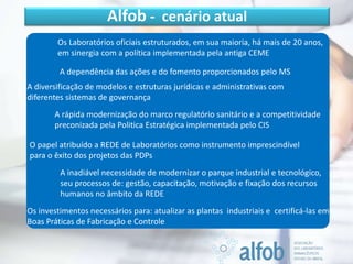 Alfob - cenário atual
Os Laboratórios oficiais estruturados, em sua maioria, há mais de 20 anos,
em sinergia com a política implementada pela antiga CEME
A dependência das ações e do fomento proporcionados pelo MS
A diversificação de modelos e estruturas jurídicas e administrativas com
diferentes sistemas de governança
A rápida modernização do marco regulatório sanitário e a competitividade
preconizada pela Politica Estratégica implementada pelo CIS
O papel atribuído a REDE de Laboratórios como instrumento imprescindível
para o êxito dos projetos das PDPs
A inadiável necessidade de modernizar o parque industrial e tecnológico,
seu processos de: gestão, capacitação, motivação e fixação dos recursos
humanos no âmbito da REDE
Os investimentos necessários para: atualizar as plantas industriais e certificá-las em
Boas Práticas de Fabricação e Controle
 