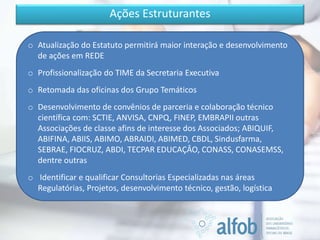 Ações Estruturantes
o Atualização do Estatuto permitirá maior interação e desenvolvimento
de ações em REDE
o Profissionalização do TIME da Secretaria Executiva
o Retomada das oficinas dos Grupo Temáticos
o Desenvolvimento de convênios de parceria e colaboração técnico
científica com: SCTIE, ANVISA, CNPQ, FINEP, EMBRAPII outras
Associações de classe afins de interesse dos Associados; ABIQUIF,
ABIFINA, ABIIS, ABIMO, ABRAIDI, ABIMED, CBDL, Sindusfarma,
SEBRAE, FIOCRUZ, ABDI, TECPAR EDUCAÇÂO, CONASS, CONASEMSS,
dentre outras
o Identificar e qualificar Consultorias Especializadas nas áreas
Regulatórias, Projetos, desenvolvimento técnico, gestão, logística
 