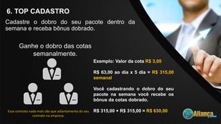 6. TOP CADASTRO
Cadastre o dobro do seu pacote dentro da
semana e receba bônus dobrado.
Ganhe o dobro das cotas
semanalmente.
Exemplo: Valor da cota R$ 3,00
R$ 63,00 ao dia x 5 dia = R$ 315,00
semanal
Você cadastrando o dobro do seu
pacote na semana você recebe os
bônus da cotas dobrado.
R$ 315,00 + R$ 315,00 = R$ 630,00Esse contrato nada mais são que adiantamento do seu
contrato na empresa.
 