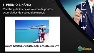 8. PREMIO BINÁRIO
Receba prêmios pelos volume de pontos
acumulados da sua equipe menor.
 
