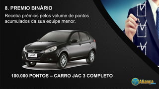 8. PREMIO BINÁRIO
Receba prêmios pelos volume de pontos
acumulados da sua equipe menor.
100.000 PONTOS – CARRO JAC 3 COMPLETO
 