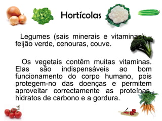 Hortícolas Legumes (sais minerais e vitaminas) – feijão verde, cenouras, couve. Os vegetais contêm muitas vitaminas. Elas são indispensáveis ao bom funcionamento do corpo humano, pois protegem-no das doenças e permitem aproveitar correctamente as proteínas, hidratos de carbono e a gordura.  