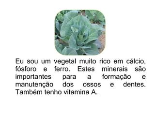 Eu sou um vegetal muito rico em cálcio, fósforo e ferro. Estes minerais são importantes para a formação e manutenção dos ossos e dentes. Também tenho vitamina A. 