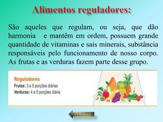 São aqueles que regulam, ou seja, que dão
harmonia e mantêm em ordem, possuem grande
quantidade de vitaminas e sais minerais, substância
responsáveis pelo funcionamento de nosso corpo.
As frutas e as verduras fazem parte desse grupo.




                      VOLTAR
 