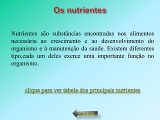 Nutrientes são substâncias encontradas nos alimentos
necessária ao crescimento e ao desenvolvimento do
organismo e à manutenção da saúde. Existem diferentes
tipo,cada um deles exerce uma importante função no
organismo.




                        VOLTAR
 