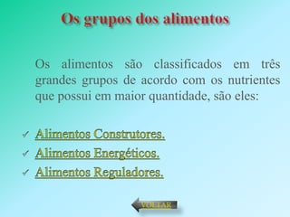 Os alimentos são classificados em três
grandes grupos de acordo com os nutrientes
que possui em maior quantidade, são eles:




                  VOLTAR
 