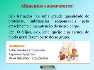 São formados por uma grande quantidade de
proteínas, substâncias responsáveis pelo
crescimento e manutenção do nosso corpo.
Ex: O feijão, ovo, leite, queijo e as carnes, de
modo geral fazem parte desse grupo.




                    VOLTAR
 