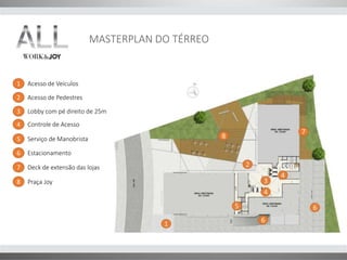 MASTERPLAN DO TÉRREO 
1 
2 
3 
4 
4 
5 6 
6 
7 
8 
1 Acesso de Veículos 
2 Acesso de Pedestres 
Lobby com pé direito de 25m 
3 
4 Controle de Acesso 
5 Serviço de Manobrista 
6 Estacionamento 
7 Deck de extensão das lojas 
8 Praça Joy 
 