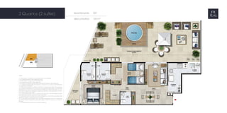 Apartamento	201
área privativa:	 135 m2
2 Quartos (2 suítes)
NOTAS:
1 - A decoração,o mobiliário e os acessórios são mera sugestão.
2 - As medidas poderão sofrer alterações de 5%.
3 - Acabamentos conforme memorial descritivo.
4 - As esquadrias poderão sofrer alterações.
5 - As cores dos materiais apresentados nesta planta poderão sofrer alterações.
6 - Os pilares estruturais,shafts de instalação e enchimentos poderão sofrer alterações
nas medidas e localização.
7 - A área total indicada na planta é privativa,ou seja,tomada pelas linhas externas
da fachada e das divisas com áreas comuns e pelo eixo das paredes divisórias entre
apartamentos,conforme descrito na NBR 12.721 ABNT. Já as áreas indicadas nos com-
partimentos internos são úteis,desconsiderando paredes e outros elementos construti-
vos,conforme NBR 14.653-2 ABNT.
8 - Os locais demarcados para ar condicionado (tipo split ou ar de parede) poderão
sofrer alterações durante o desenvolvimento do projeto.
9 - A dimensão das bancadas das cozinhas (largura e comprimento) poderão sofrer
alterações durante o desenvolvimento do projeto.
10 - As esquadrias dos guarda-corpos das varandas (trechos em vidro e trechos em
alvenaria) poderão variar de um pavimento para o outro,de acordo com o projeto de
fachada.
11 - Os equipamentos de piscina não serão entregues.
 
