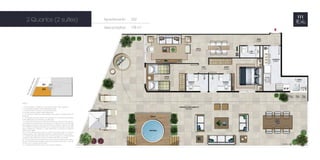 Apartamento 	 202
área privativa:	 178 m2
2 Quartos (2 suítes)
NOTAS:
1 - A decoração,o mobiliário e os acessórios são mera sugestão.
2 - As medidas poderão sofrer alterações de 5%.
3 - Acabamentos conforme memorial descritivo.
4 - As esquadrias poderão sofrer alterações.
5 - As cores dos materiais apresentados nesta planta poderão sofrer al-
terações.
6 - Os pilares estruturais,shafts de instalação e enchimentos poderão
sofrer alterações nas medidas e localização.
7 - A área total indicada na planta é privativa,ou seja,tomada pelas li-
nhas externas da fachada e das divisas com áreas comuns e pelo eixo
das paredes divisórias entre apartamentos,conforme descrito na NBR
12.721ABNT. Já as áreas indicadas nos compartimentos internos são úteis,
desconsiderando paredes e outros elementos construtivos, conforme
NBR 14.653-2 ABNT.
8 - Os locais demarcados para ar condicionado (tipo split ou ar de pa-
rede) poderão sofrer alterações durante o desenvolvimento do projeto.
9 - A dimensão das bancadas das cozinhas (largura e comprimento)
poderão sofrer alterações durante o desenvolvimento do projeto.
10 - As esquadrias dos guarda-corpos das varandas (trechos em vidro e
trechos em alvenaria) poderão variar de um pavimento para o outro,de
acordo com o projeto de fachada.
11 - Os equipamentos de piscina não serão entregues.
 