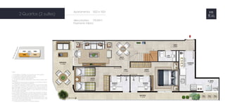 NOTAS:
1 - A decoração,o mobiliário e os acessórios são mera sugestão.
2 - As medidas poderão sofrer alterações de 5%.
3 - Acabamentos conforme memorial descritivo.
4 - As esquadrias poderão sofrer alterações.
5 - As cores dos materiais apresentados nesta planta poderão sofrer
alterações.
6 - Os pilares estruturais,shafts de instalação e enchimentos poderão
sofrer alterações nas medidas e localização.
7 - A área total indicada na planta é privativa,ou seja,tomada pelas
linhas externas da fachada e das divisas com áreas comuns e pelo
eixo das paredes divisórias entre apartamentos,conforme descrito na
NBR 12.721 ABNT. Já as áreas indicadas nos compartimentos internos
são úteis, desconsiderando paredes e outros elementos construtivos,
conforme NBR 14.653-2 ABNT.
8 - Os locais demarcados para ar condicionado (tipo split ou ar de pa-
rede) poderão sofrer alterações durante o desenvolvimento do projeto.
9 - A dimensão das bancadas das cozinhas (largura e comprimento)
poderão sofrer alterações durante o desenvolvimento do projeto.
10 - As esquadrias dos guarda-corpos das varandas (trechos em vidro
e trechos em alvenaria) poderão variar de um pavimento para o outro,
de acordo com o projeto de fachada.
11 - Os equipamentos de piscina não serão entregues.
Apartamentos 	 1002 e 1003
área privativa:	 178,00m2
Pavimento Inferior
2 Quartos (2 suítes)
 
