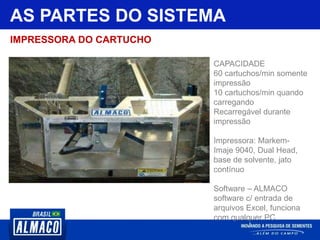 AS PARTES DO SISTEMA
CAPACIDADE
60 cartuchos/min somente
impressão
10 cartuchos/min quando
carregando
Recarregável durante
impressão
Impressora: Markem-
Imaje 9040, Dual Head,
base de solvente, jato
contínuo
Software – ALMACO
software c/ entrada de
arquivos Excel, funciona
com qualquer PC
IMPRESSORA DO CARTUCHO
 