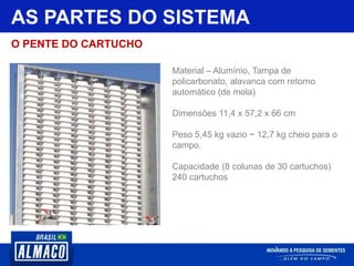 AS PARTES DO SISTEMA
Material – Alumínio, Tampa de
policarbonato, alavanca com retorno
automático (de mola)
Dimensões 11,4 x 57,2 x 66 cm
Peso 5,45 kg vazio ~ 12,7 kg cheio para o
campo.
Capacidade (8 colunas de 30 cartuchos)
240 cartuchos
O PENTE DO CARTUCHO
 