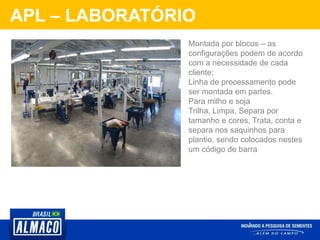 APL – LABORATÓRIO
Montada por blocos – as
configurações podem de acordo
com a necessidade de cada
cliente;
Linha de processamento pode
ser montada em partes.
Para milho e soja
Trilha, Limpa, Separa por
tamanho e cores, Trata, conta e
separa nos saquinhos para
plantio, sendo colocados nestes
um código de barra
 