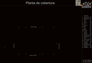 Planta de cobertura
Áreasúteis
1 Sala de estar 27,3
2 Sala de jantar 11,5
3 Cozinha 11,3
4 Hall 14,6
5 Quarto 1 7,66
05a I.S. 1 2,43
6 Quarto 2 7,91
06aI.S. 2 2,44
7 Suite 11,9
07a Closet 8,68
07b I.S. suite 5,1
8 Corredor 9,73
9 Corredor 9,41
10 Circulação cave 4,26
11 Sala de jogos 43
12 Sauna 7,73
13 Quarto serviço 42,9
13a I.S. q. serviço 7,73
14 Garagem 42,9
15 Lavandaria 4,17
16 Mezanine suite 14,4
17 Mezanine 1 9,99
18 Mezanine 2 9,99
14 x 0,27 x 0,18
1
2
3
4
5
6
7 8
9
10
11
12
13
Objecto Sol
18
16
17
14 x 0, 27 x 0, 18
1
2
3
4
5
6
7 8
9
10
11
12
13
Alçado Nascente
guarda
AlçadoPoente
66
55
11
33
44
77
2
AlçadoSul
AlçadoNorte
Área de relvado em escalracho
Área de prado com Oliveiras transplantadas
18
16
17
 